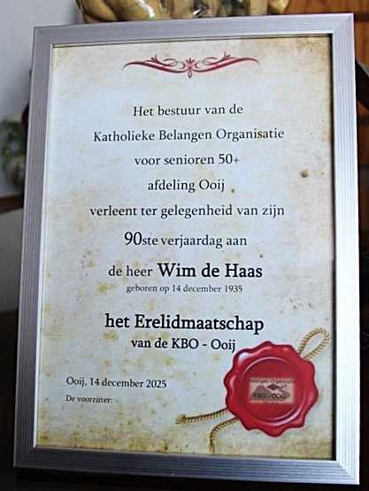90-jarige Wim de Haas benoemd tot erelid van KBO Ooij